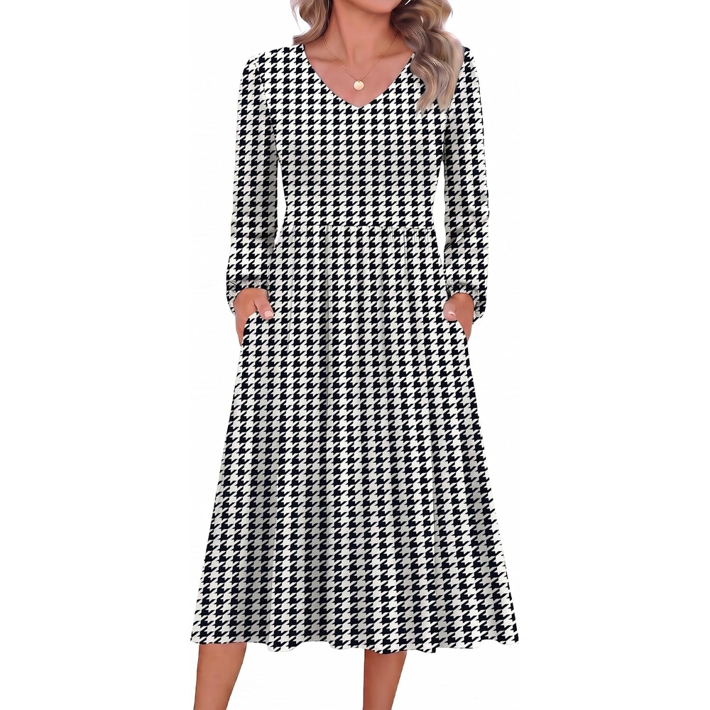 image:imageZeagoo Long Sleeve Midi Dress with Pockets Fall V Neck ALine Casual WomenHoundstooth