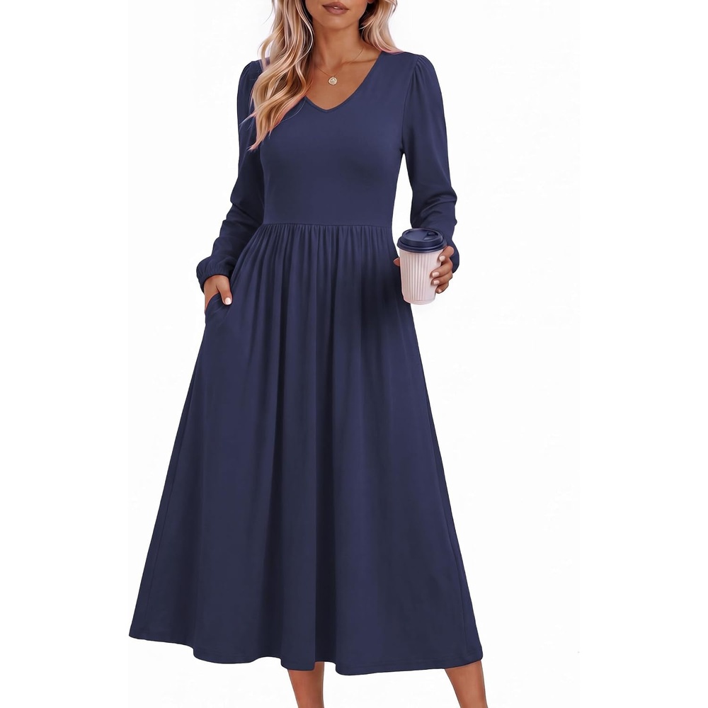 image:imageZeagoo Long Sleeve Midi Dress with Pockets Fall V Neck ALine Casual WomenNavy Blue