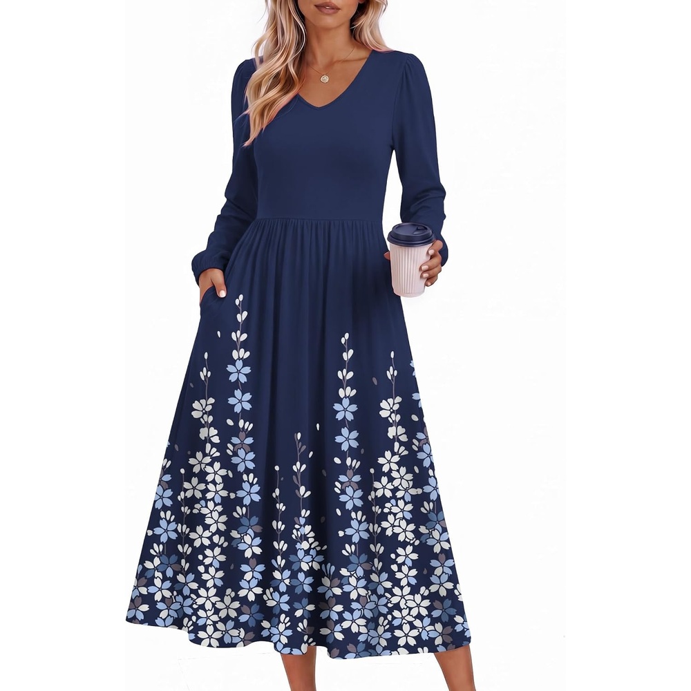 image:imageZeagoo Long Sleeve Midi Dress with Pockets Fall V Neck ALine Casual WomenNavy Blue Floral
