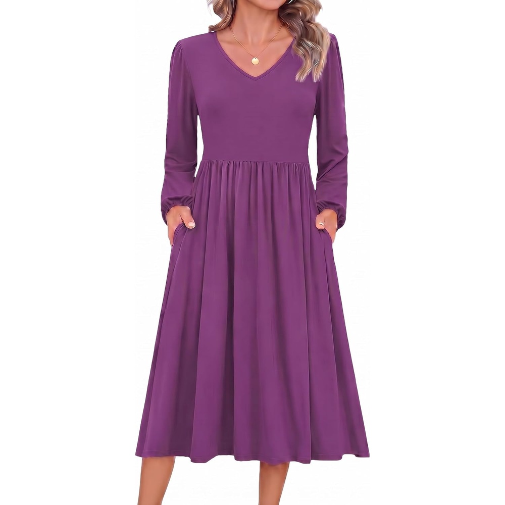 image:imageZeagoo Long Sleeve Midi Dress with Pockets Fall V Neck ALine Casual WomenPurple