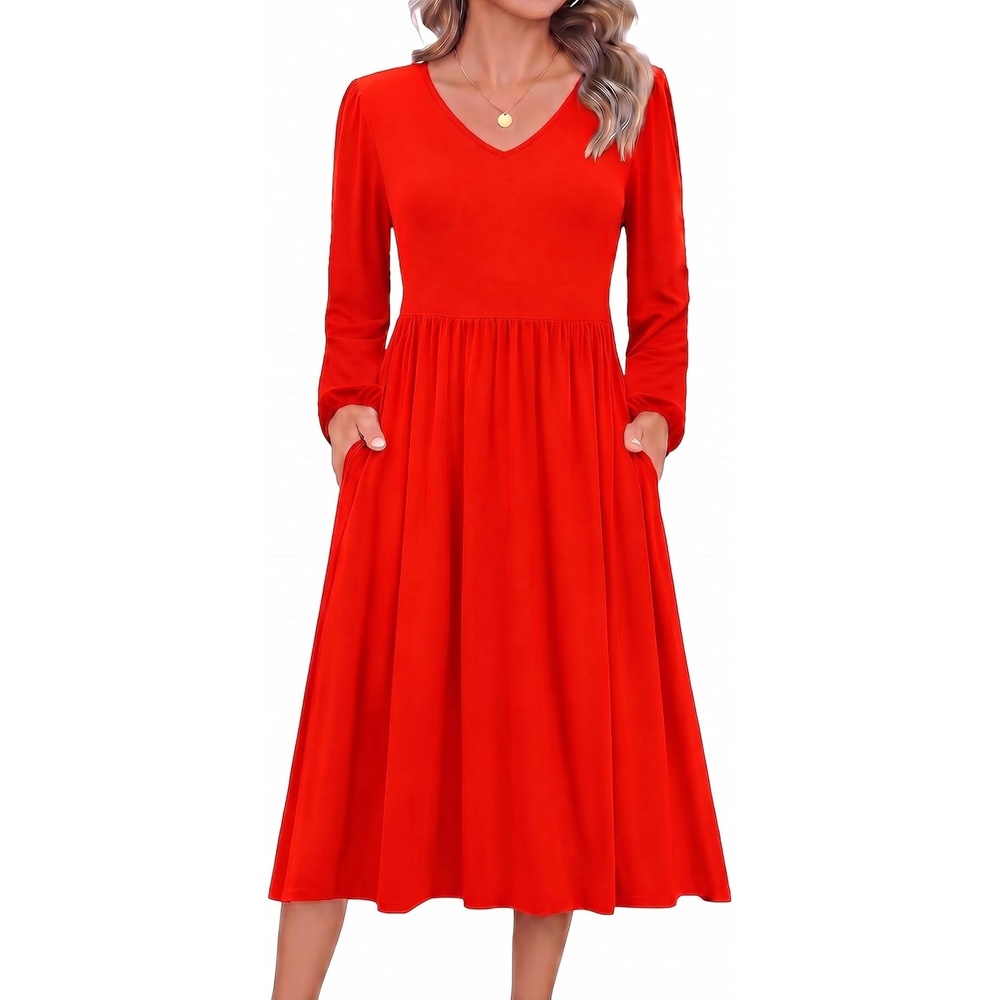 image:imageZeagoo Long Sleeve Midi Dress with Pockets Fall V Neck ALine Casual WomenRed
