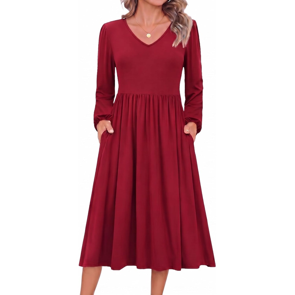 image:imageZeagoo Long Sleeve Midi Dress with Pockets Fall V Neck ALine Casual WomenWine Red