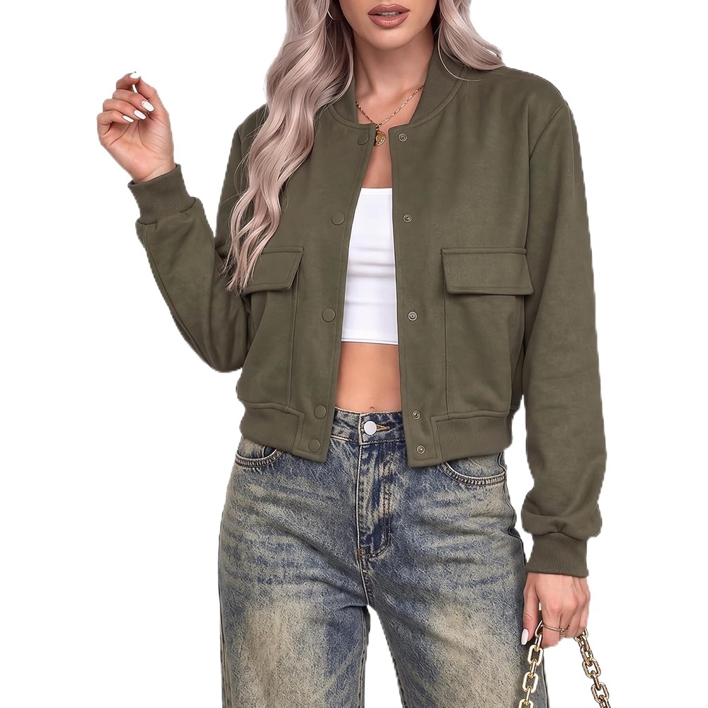 image:imageZeagoo Women Bomber Jacket Button Down Varsity Jackets Casual ShacketArmy Green