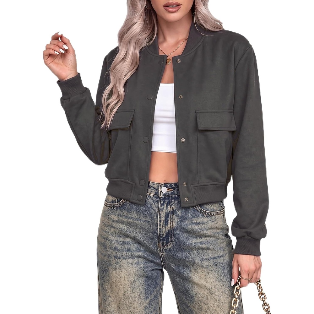 image:imageZeagoo Women Bomber Jacket Button Down Varsity Jackets Casual ShacketDark Grey
