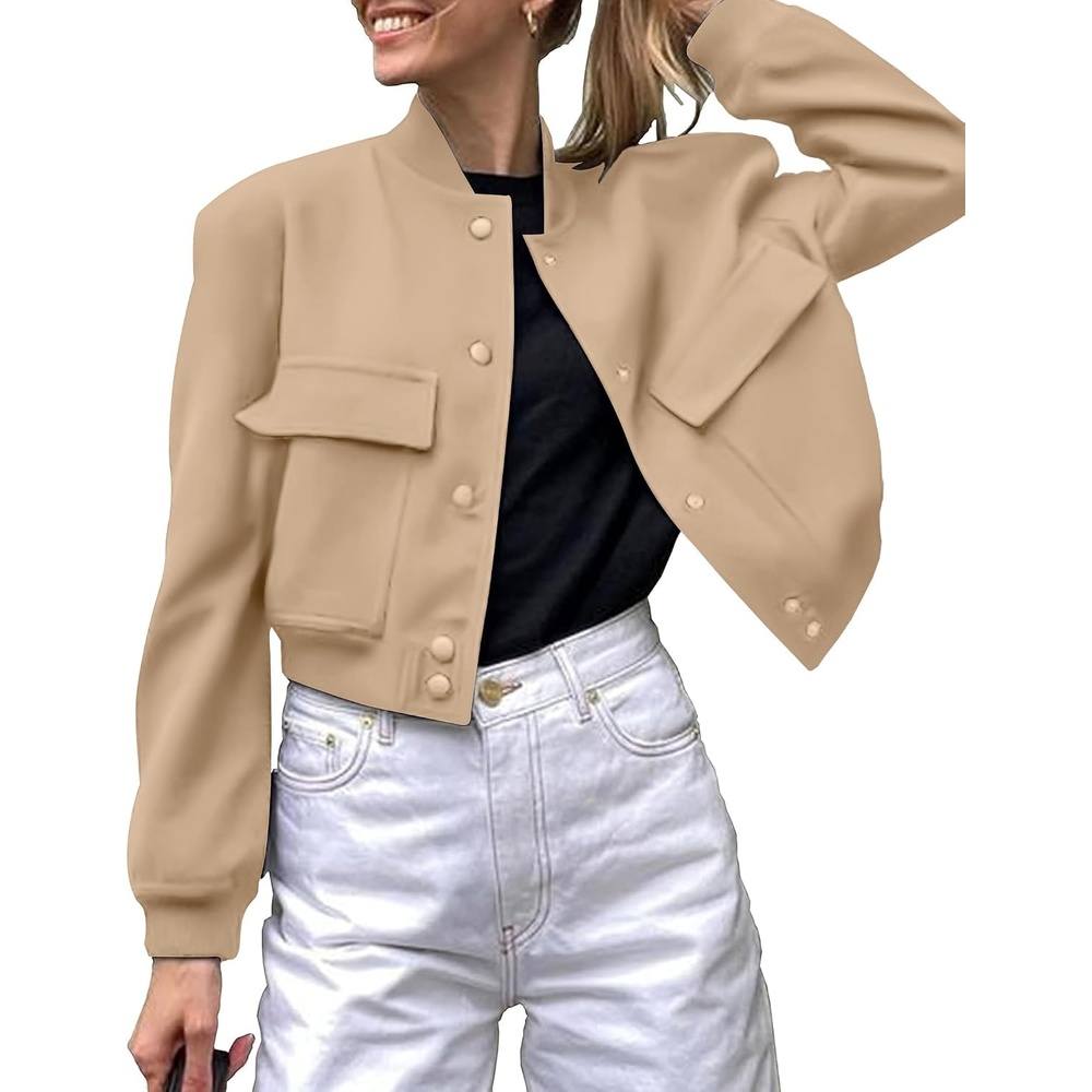 image:imageZeagoo Women Bomber Jacket Button Down Varsity Jackets Casual ShacketKhaki