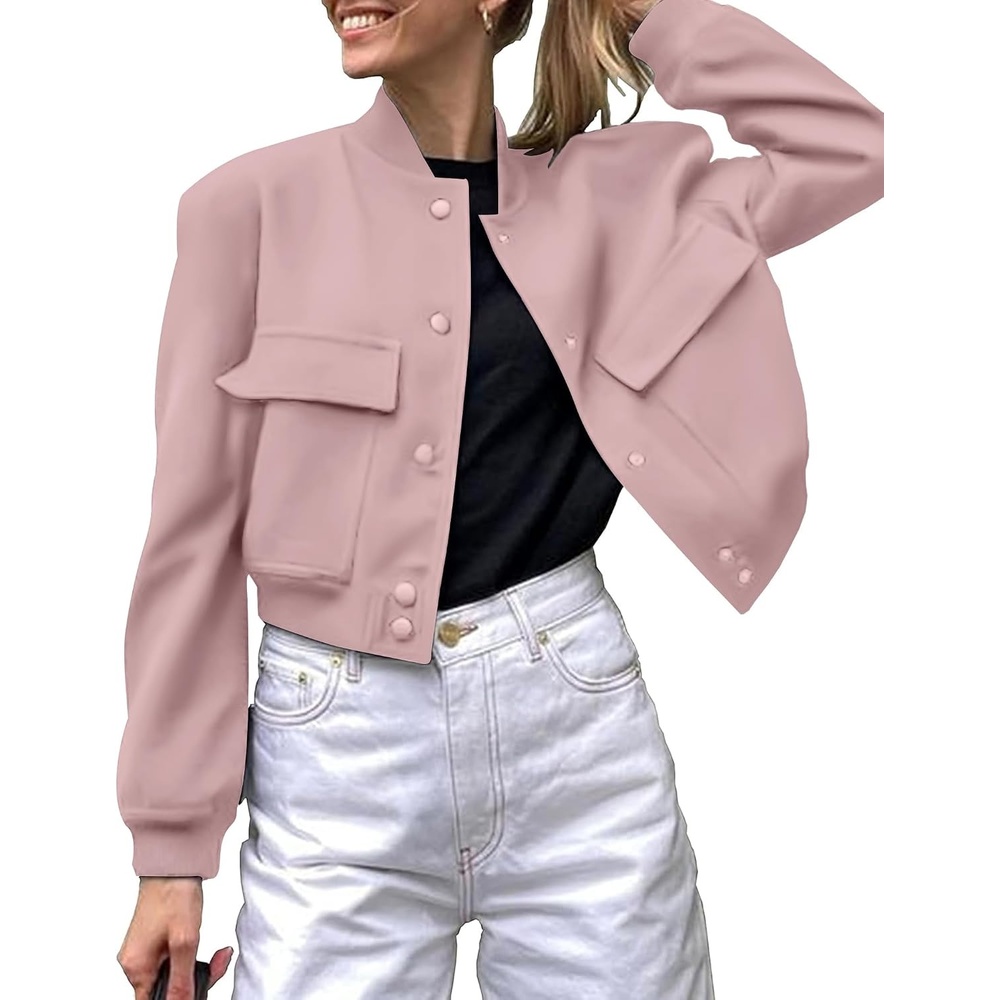 image:imageZeagoo Women Bomber Jacket Button Down Varsity Jackets Casual ShacketPink