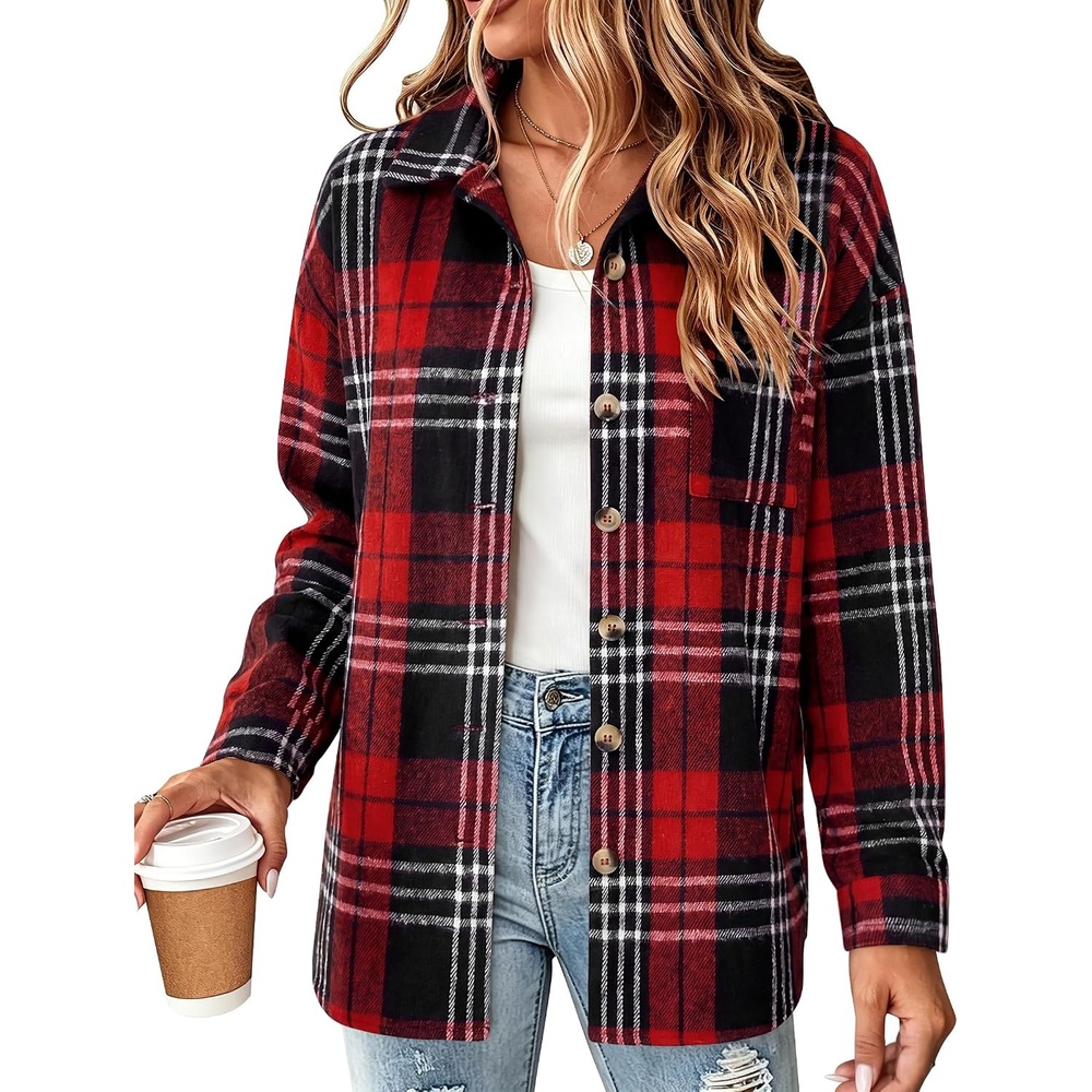 image:imageZeagoo Women Flannel Shacket Jacket Plaid Button Down Long Sleeve ShirtBlack Redgz902