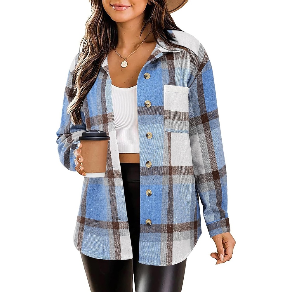 image:imageZeagoo Women Flannel Shacket Jacket Plaid Button Down Long Sleeve ShirtBlue Plaidgw354