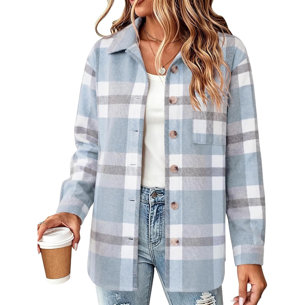 image:imageZeagoo Women Flannel Shacket Jacket Plaid Button Down Long Sleeve ShirtBluegw570