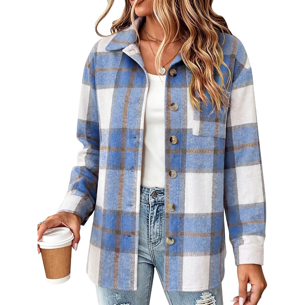 image:imageZeagoo Women Flannel Shacket Jacket Plaid Button Down Long Sleeve ShirtBluegz870