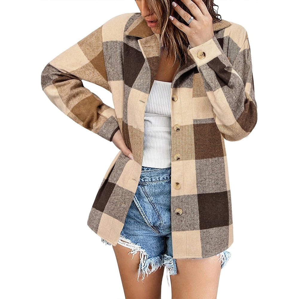 image:imageZeagoo Women Flannel Shacket Jacket Plaid Button Down Long Sleeve ShirtBrown 2