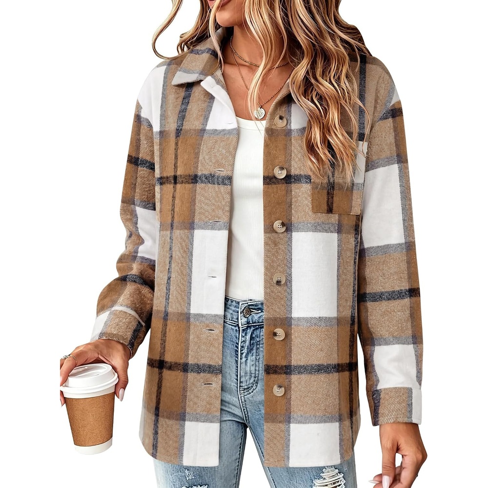 image:imageZeagoo Women Flannel Shacket Jacket Plaid Button Down Long Sleeve ShirtBrowngz554