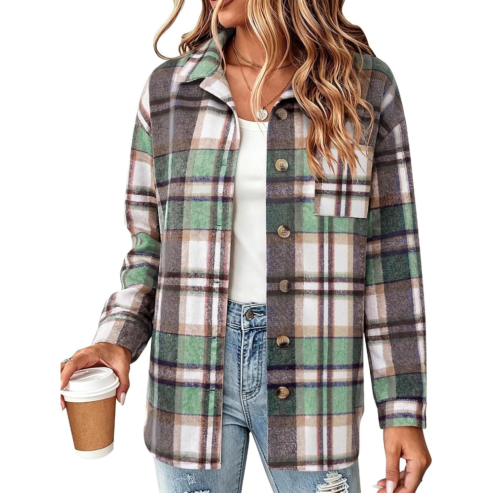 image:imageZeagoo Women Flannel Shacket Jacket Plaid Button Down Long Sleeve ShirtGreengz802