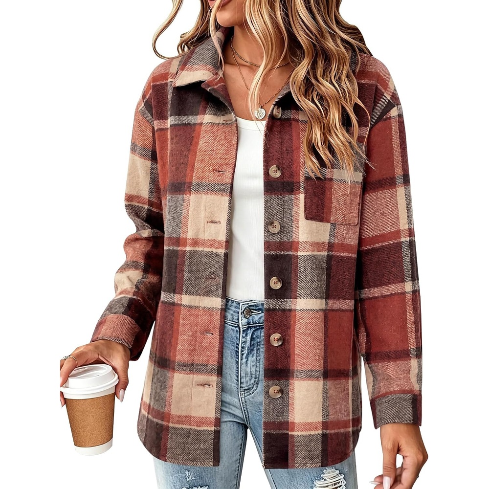 image:imageZeagoo Women Flannel Shacket Jacket Plaid Button Down Long Sleeve ShirtOrange