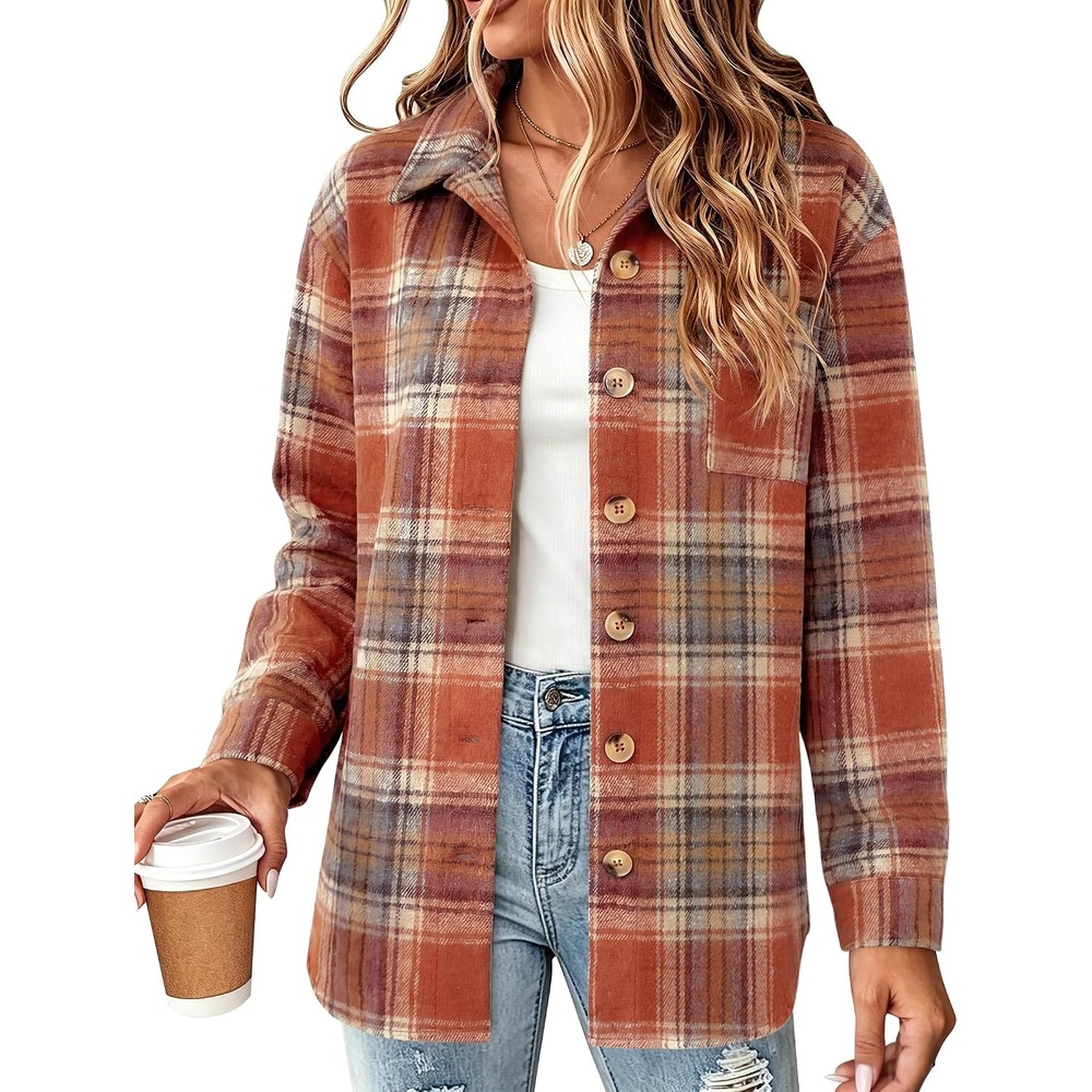 image:imageZeagoo Women Flannel Shacket Jacket Plaid Button Down Long Sleeve ShirtOrange Plaidgz867