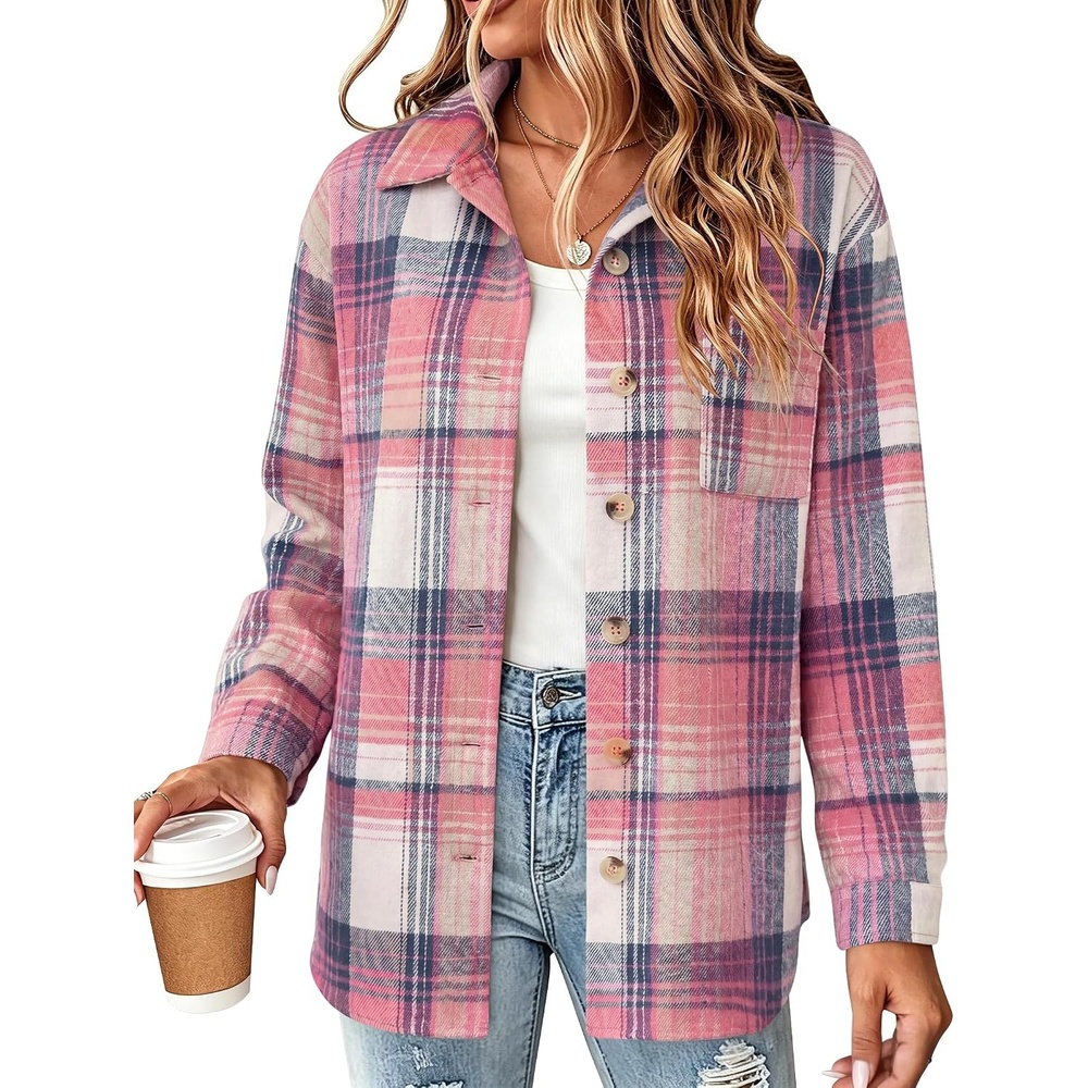 image:imageZeagoo Women Flannel Shacket Jacket Plaid Button Down Long Sleeve ShirtPink Plaidgz877