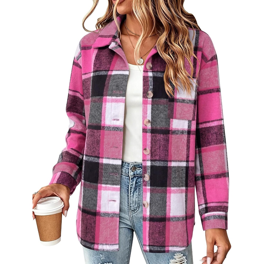 image:imageZeagoo Women Flannel Shacket Jacket Plaid Button Down Long Sleeve ShirtRose Redgw44
