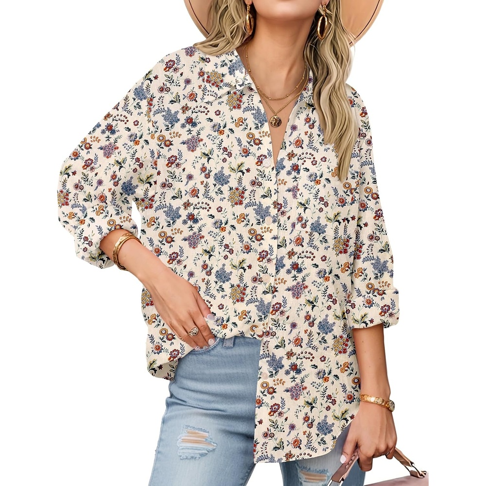 image:imageZeagoo Womens Button Down Shirts Long Sleeve Casual Cotton Gauze TopsCream Floral