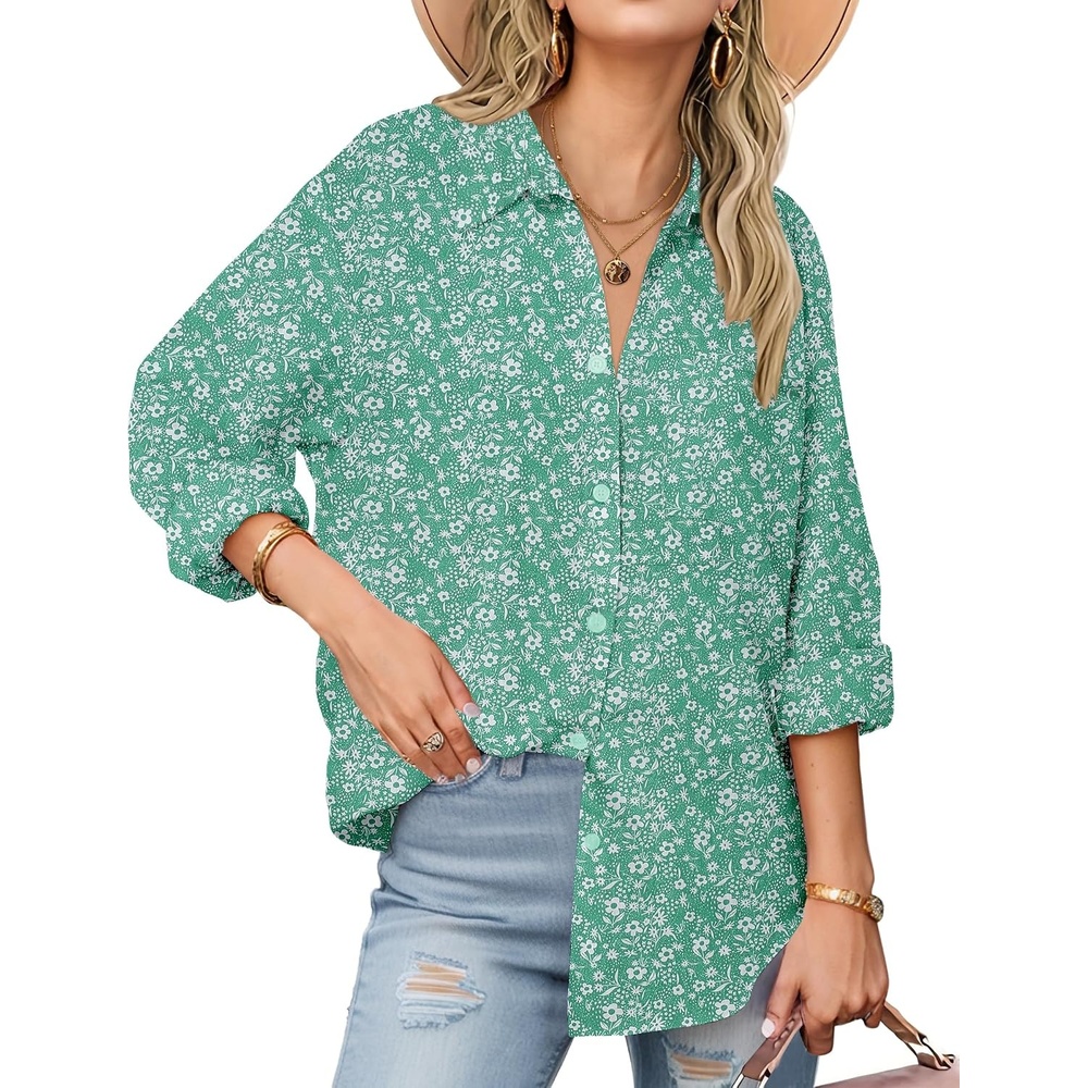 image:imageZeagoo Womens Button Down Shirts Long Sleeve Casual Cotton Gauze TopsGreen Floral