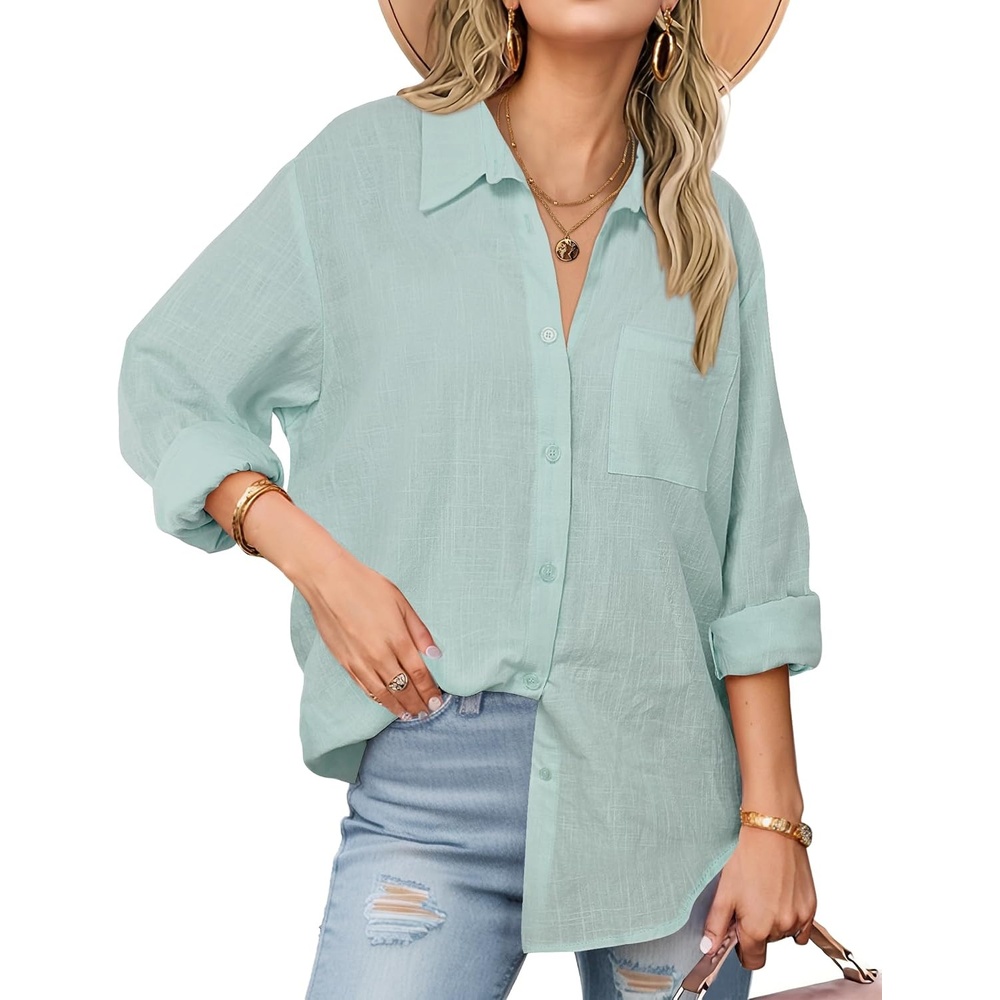 image:imageZeagoo Womens Button Down Shirts Long Sleeve Casual Cotton Gauze TopsLight Green