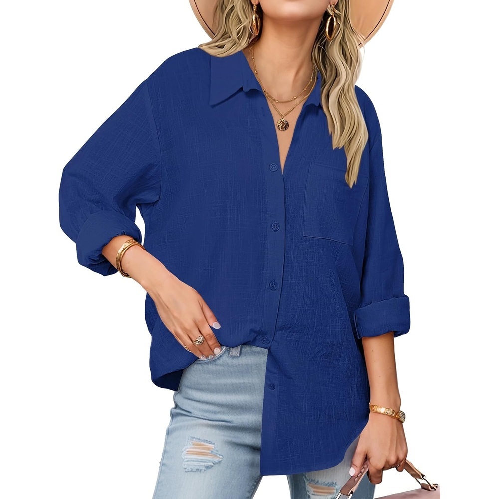 image:imageZeagoo Womens Button Down Shirts Long Sleeve Casual Cotton Gauze TopsNavy Blue