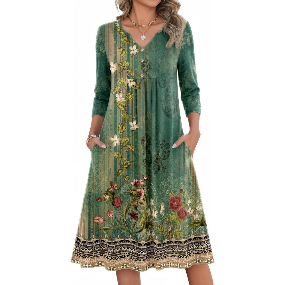 image:imageZeagoo Womens Dresses 34 Sleeve Casual Fall A Line Midi Dress with PocketsEthnic Print 02