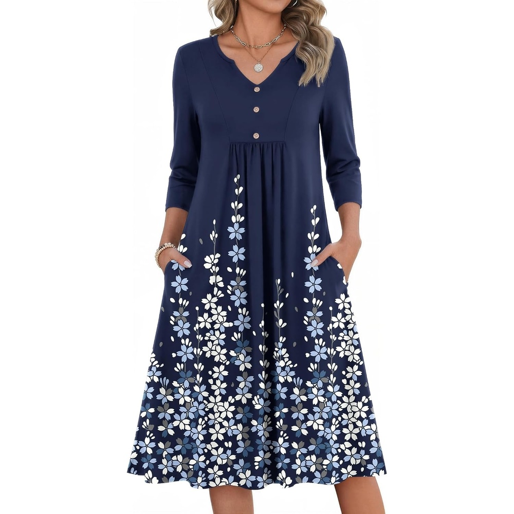 image:imageZeagoo Womens Dresses 34 Sleeve Casual Fall A Line Midi Dress with PocketsNavy Blue Floral