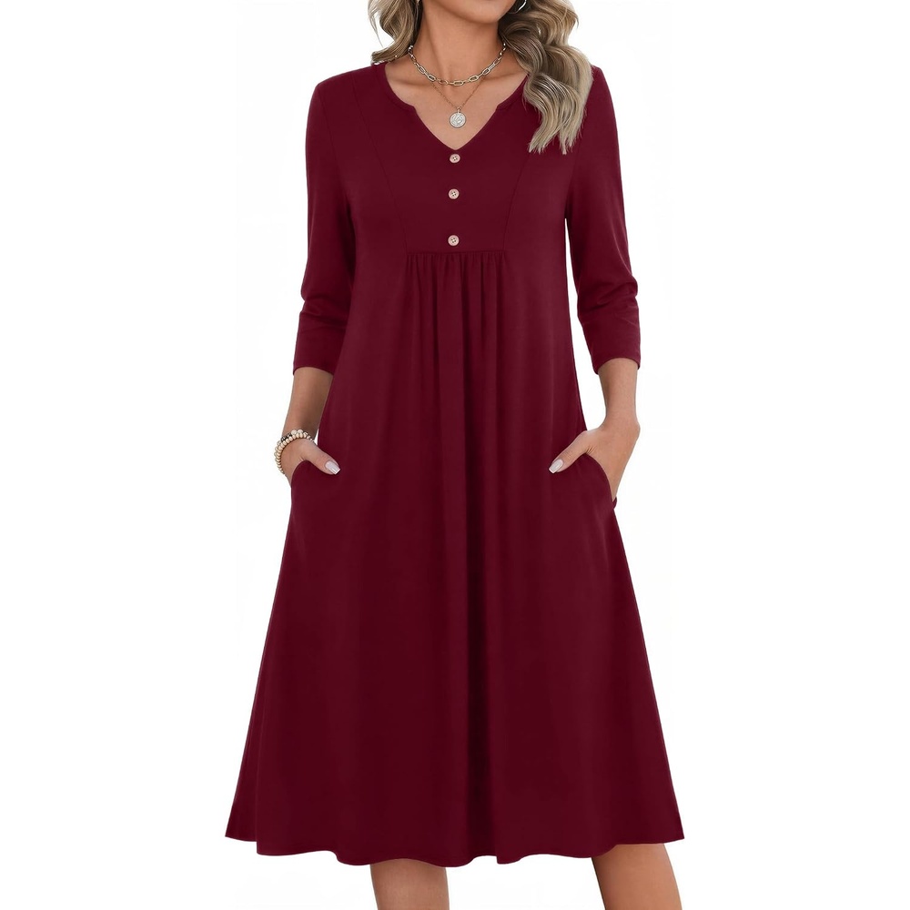image:imageZeagoo Womens Dresses 34 Sleeve Casual Fall A Line Midi Dress with PocketsWine Red