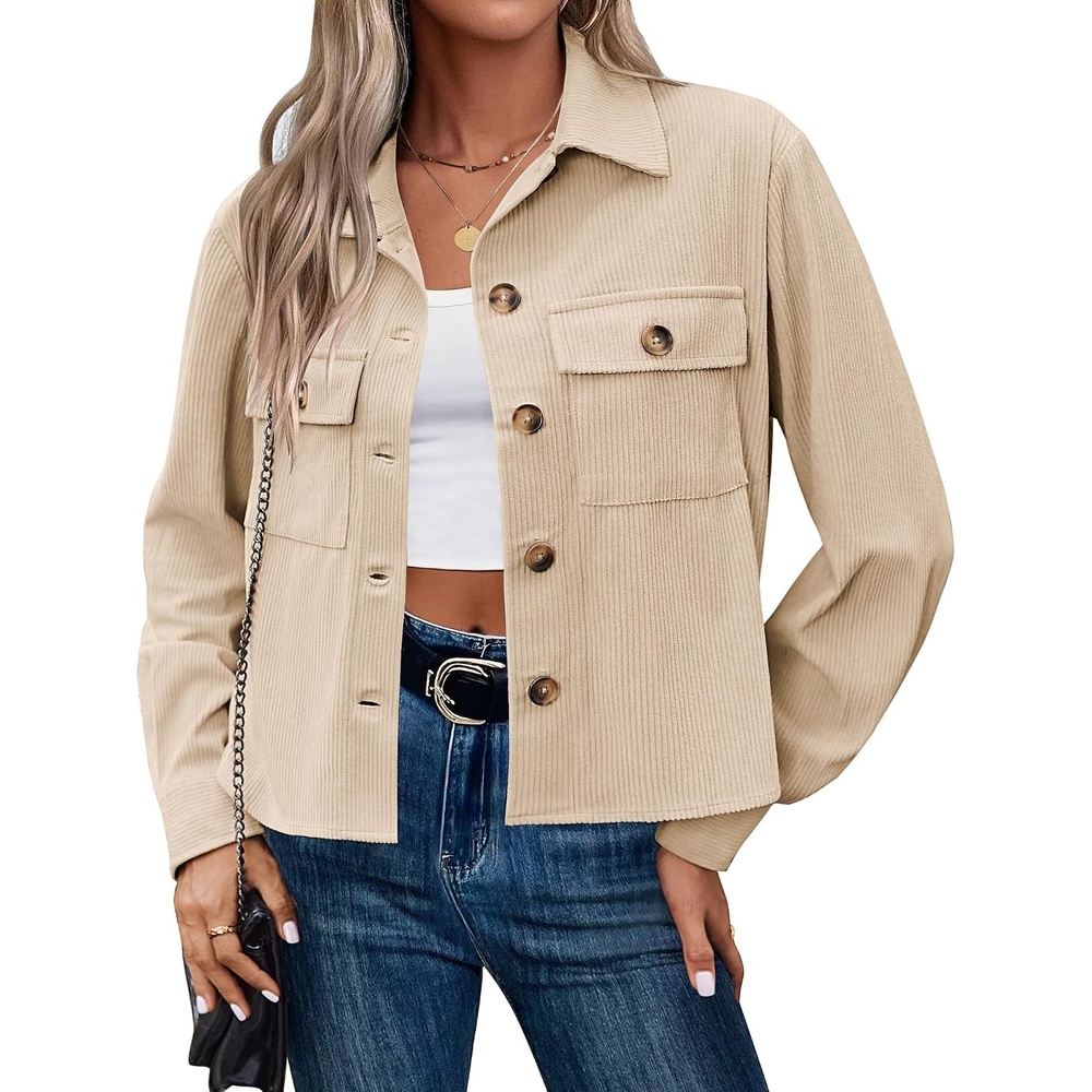image:imageZeagoo Womens Fashion Cropped Corduroy Shackets Button Down Jackets Tops Fall Trendy Lightweight Long Sleeve ShirtsApricot