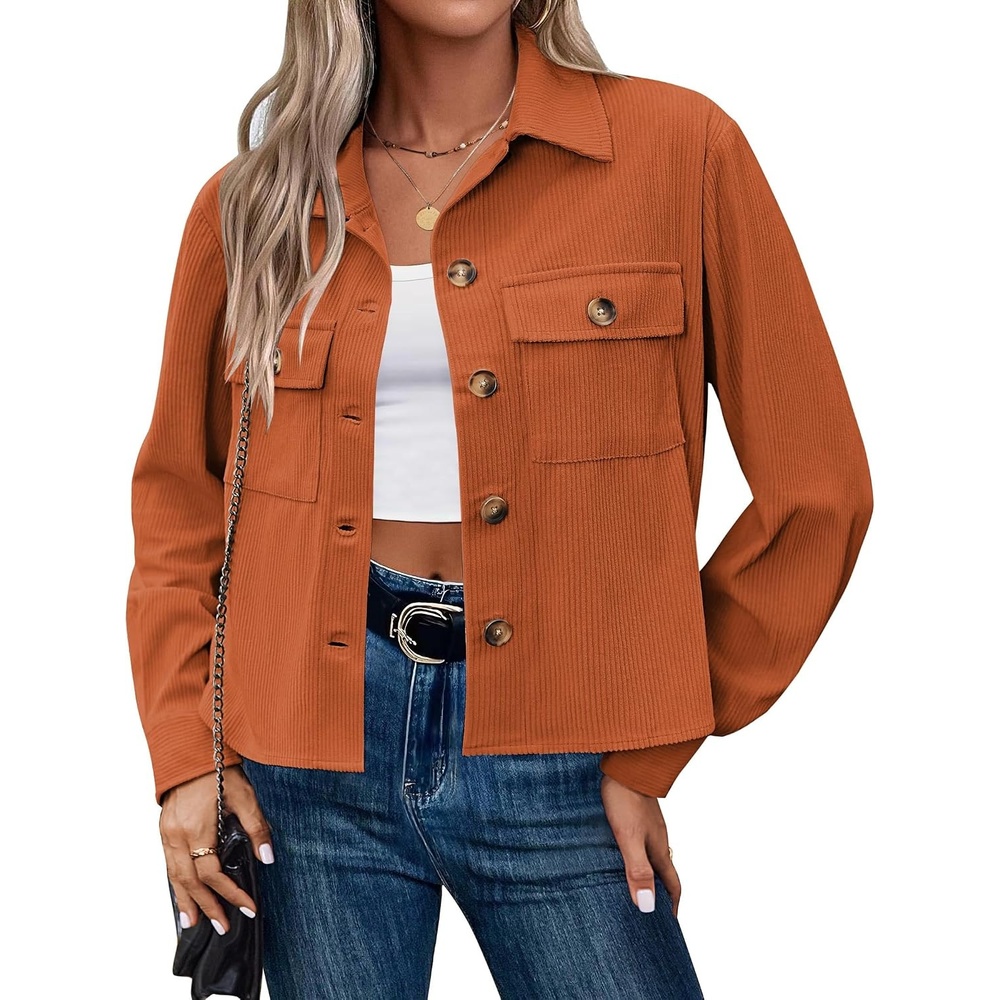 image:imageZeagoo Womens Fashion Cropped Corduroy Shackets Button Down Jackets Tops Fall Trendy Lightweight Long Sleeve ShirtsCaramel