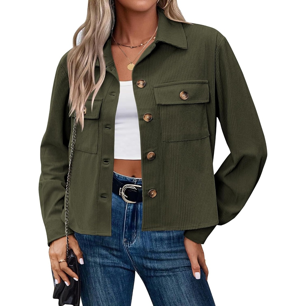 image:imageZeagoo Womens Fashion Cropped Corduroy Shackets Button Down Jackets Tops Fall Trendy Lightweight Long Sleeve ShirtsDark Green
