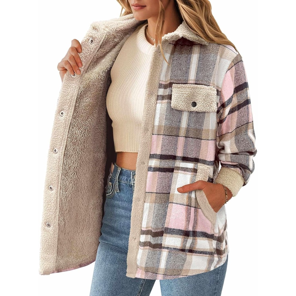 image:imageZeagoo Womens Flannel Jacket Fleece Lined Shacket Fall Outfits Plaid SherpaGrey Pink
