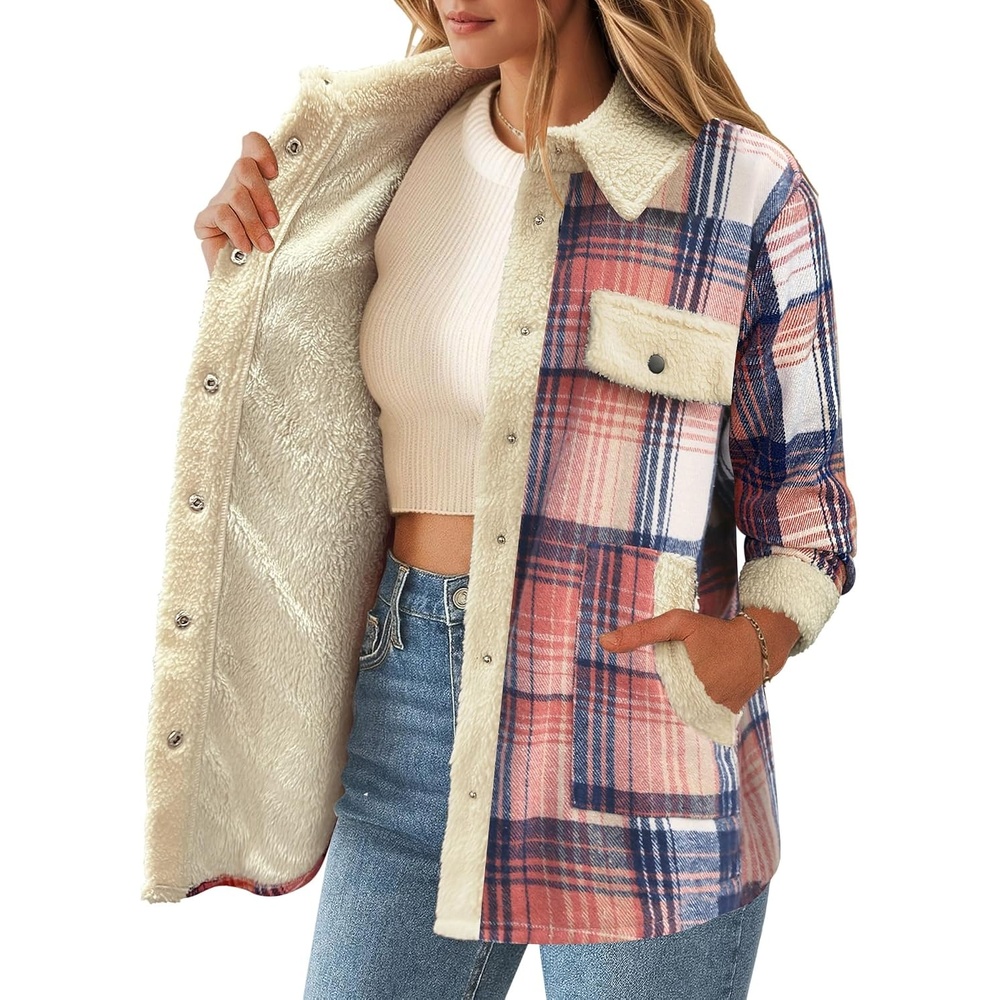 image:imageZeagoo Womens Flannel Jacket Fleece Lined Shacket Fall Outfits Plaid SherpaPink