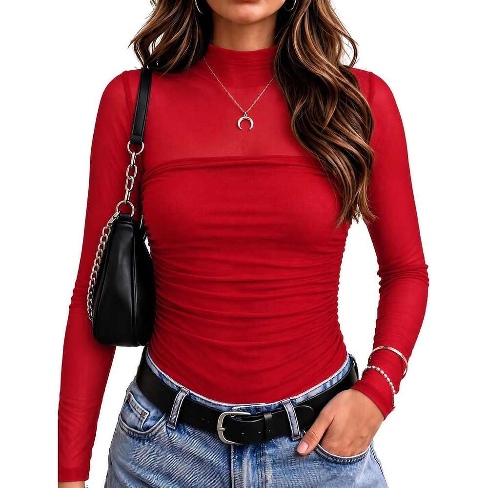 image:imageZeagoo Womens Mesh Long Sleeve Tops Mock Neck Ruched Sheer Blouse S2XLWine Red
