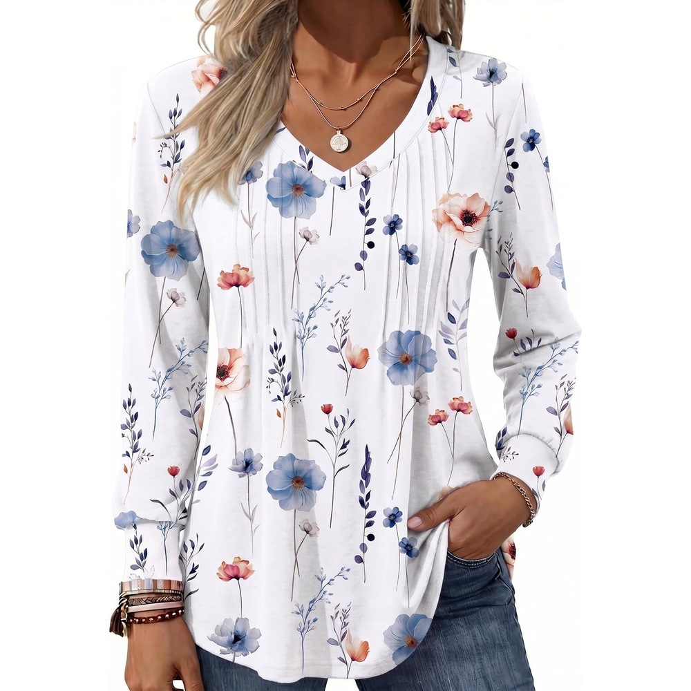 image:imageZeagoo Womens Puff Long Sleeve Shirts Pleated V Neck Fall Tunic Tops Blouse Dressy Casual Summer TShirtsDh6