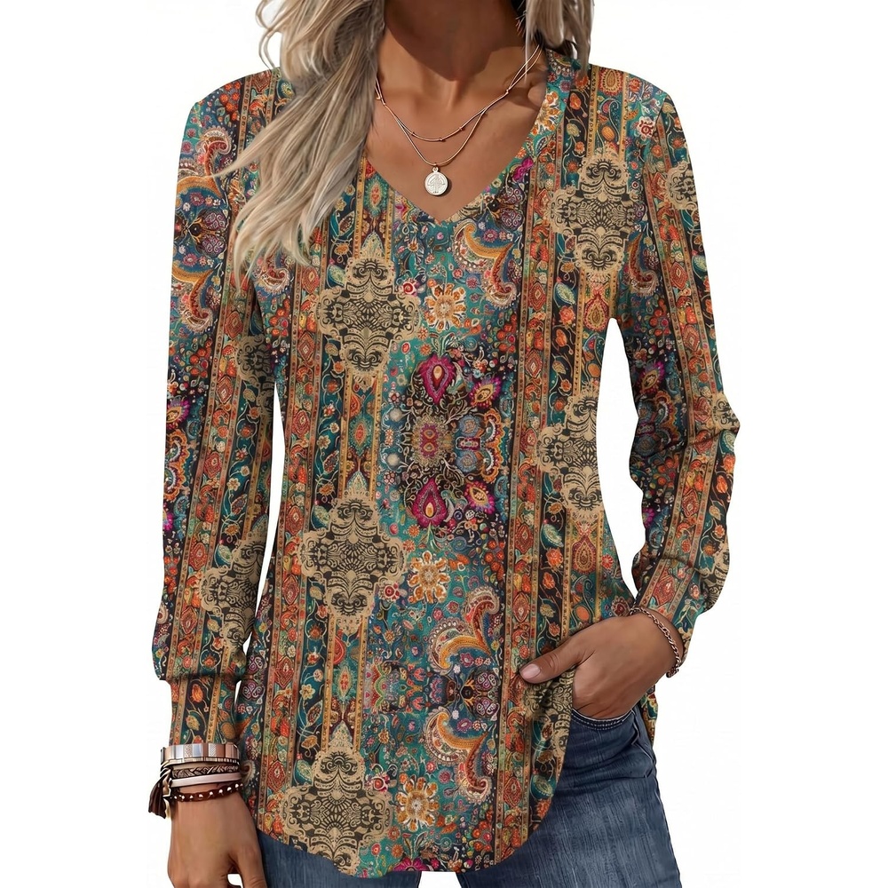 image:imageZeagoo Womens Puff Long Sleeve Shirts Pleated V Neck Fall Tunic Tops Blouse Dressy Casual Summer TShirtsMulticoloured 721