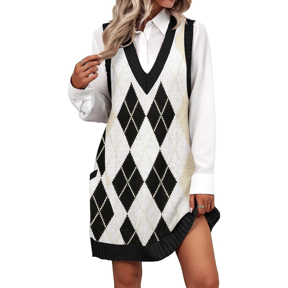 image:imageZeagoo Womens Sweater Vest Dress Pattern Knitted Pullovers Sweaters V Neck Tank Sweater Dress with PocketsBlack Argyle