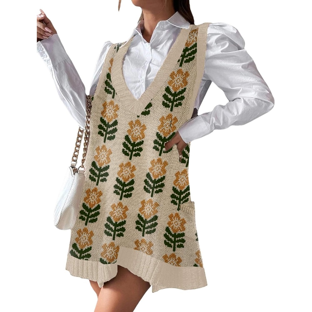 image:imageZeagoo Womens Sweater Vest Dress Pattern Knitted Pullovers Sweaters V Neck Tank Sweater Dress with PocketsKhaki Flower