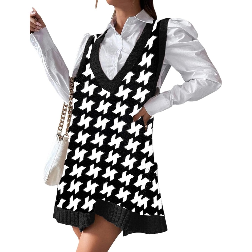image:imageZeagoo Womens Sweater Vest Dress Pattern Knitted Pullovers Sweaters V Neck Tank Sweater Dress with PocketsUpgraded Houndstooth