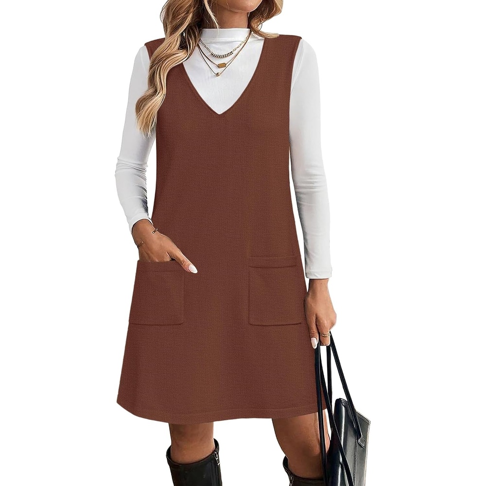 image:imageZeagoo Womens Sweater Vest Dresses for Women 2026 V Neck Sleeveless Knit Pullover Sweater with Pockets Fall Winter OutfitsBrown