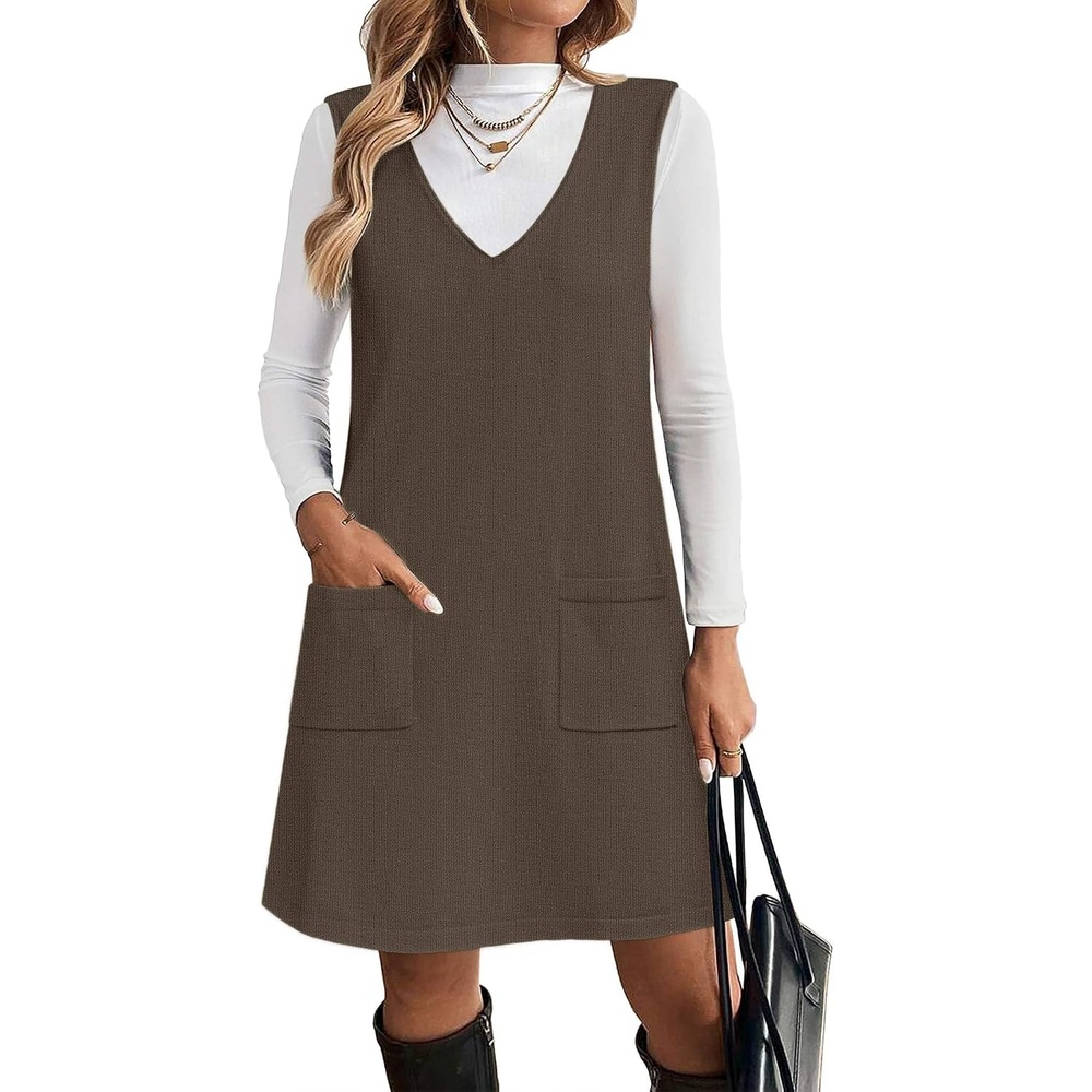 image:imageZeagoo Womens Sweater Vest Dresses for Women 2026 V Neck Sleeveless Knit Pullover Sweater with Pockets Fall Winter OutfitsCoffee