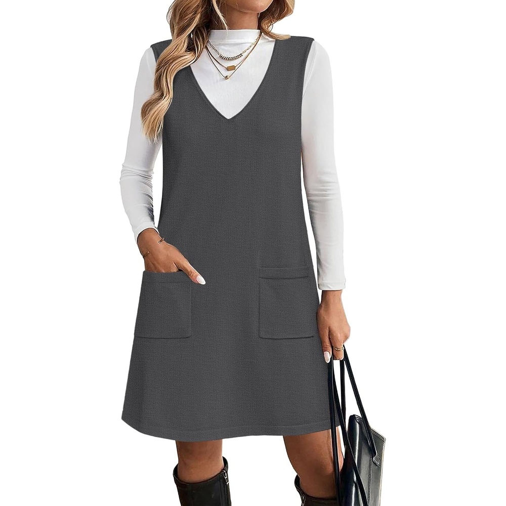 image:imageZeagoo Womens Sweater Vest Dresses for Women 2026 V Neck Sleeveless Knit Pullover Sweater with Pockets Fall Winter OutfitsDark Grey