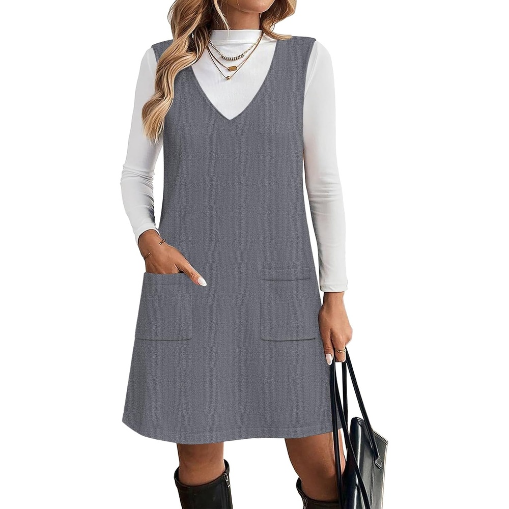 image:imageZeagoo Womens Sweater Vest Dresses for Women 2026 V Neck Sleeveless Knit Pullover Sweater with Pockets Fall Winter OutfitsGrey