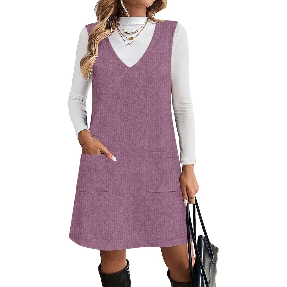 image:imageZeagoo Womens Sweater Vest Dresses for Women 2026 V Neck Sleeveless Knit Pullover Sweater with Pockets Fall Winter OutfitsPurple