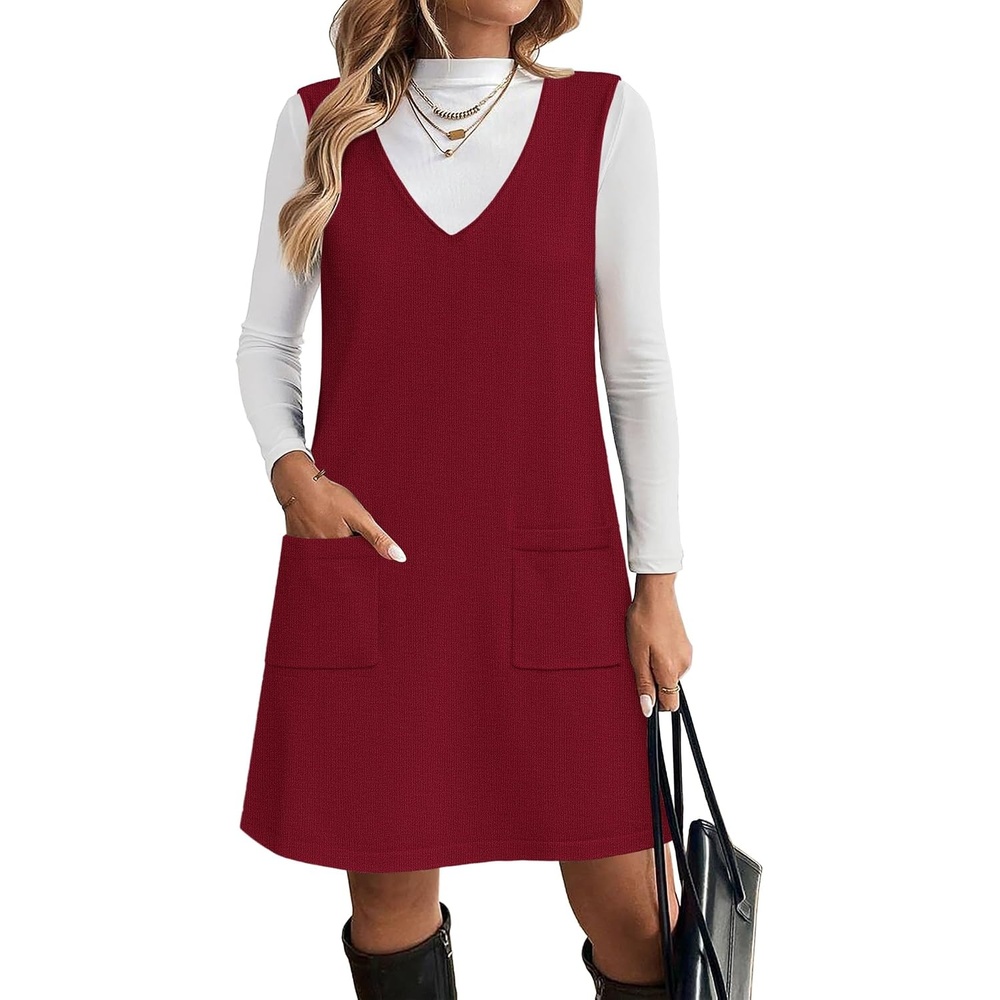 image:imageZeagoo Womens Sweater Vest Dresses for Women 2026 V Neck Sleeveless Knit Pullover Sweater with Pockets Fall Winter OutfitsWine Red