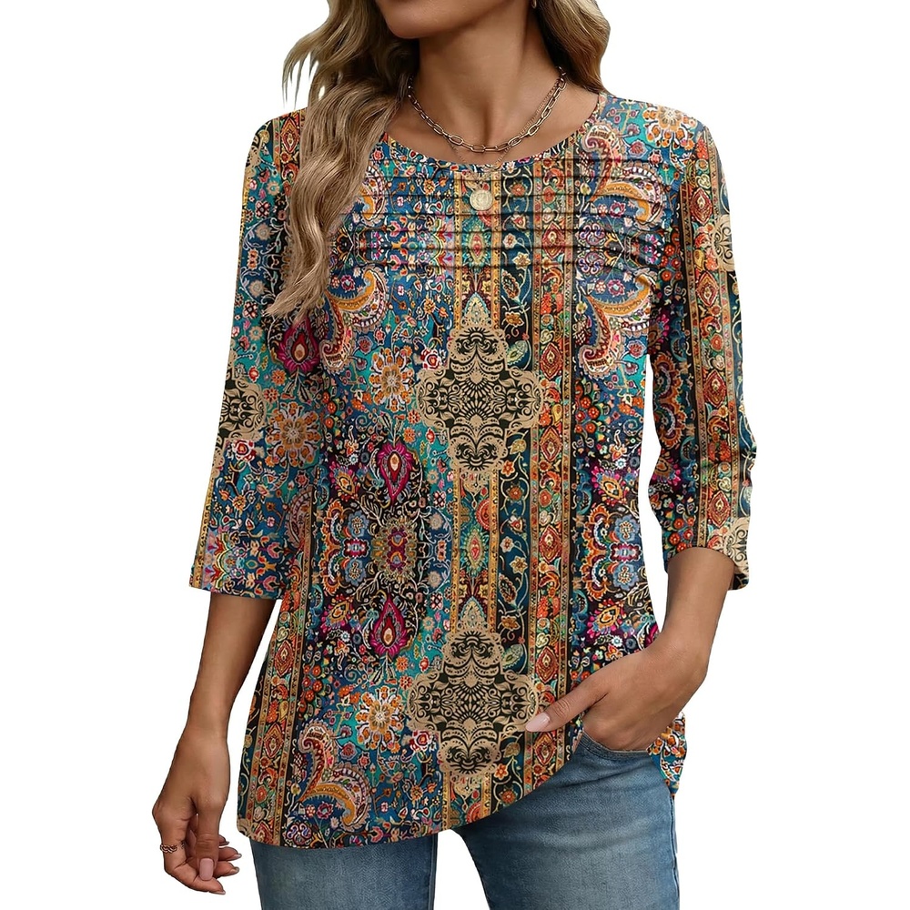 image:imageZeagoo Womens Tops 34 Sleeve Blouses Dressy Casual Shirt Pleated TunicBoho Multicolor 721