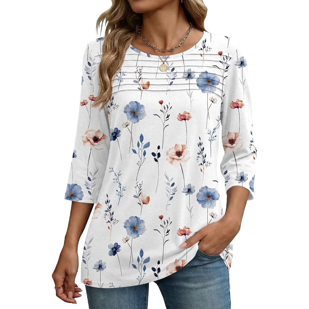 image:imageZeagoo Womens Tops 34 Sleeve Blouses Dressy Casual Shirt Pleated TunicFloral White 290