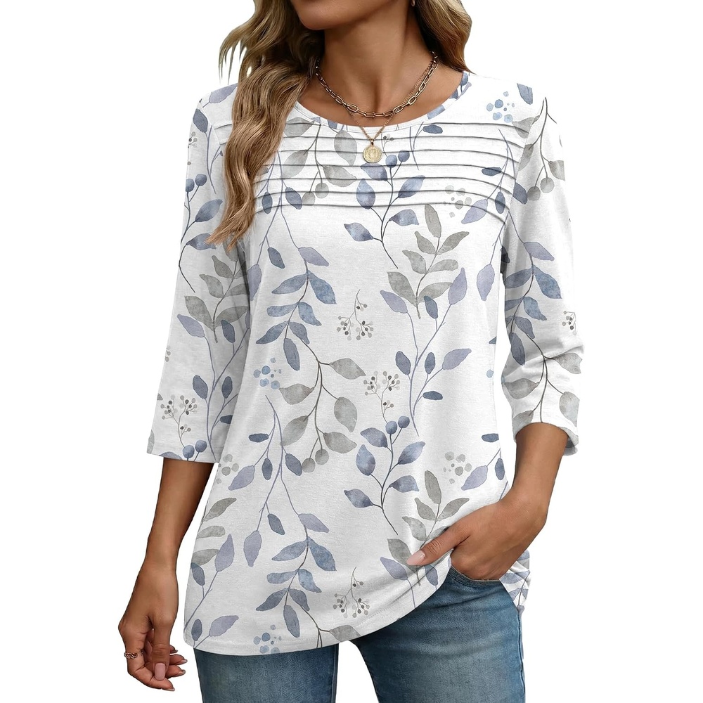 image:imageZeagoo Womens Tops 34 Sleeve Blouses Dressy Casual Shirt Pleated TunicLeaf White 113