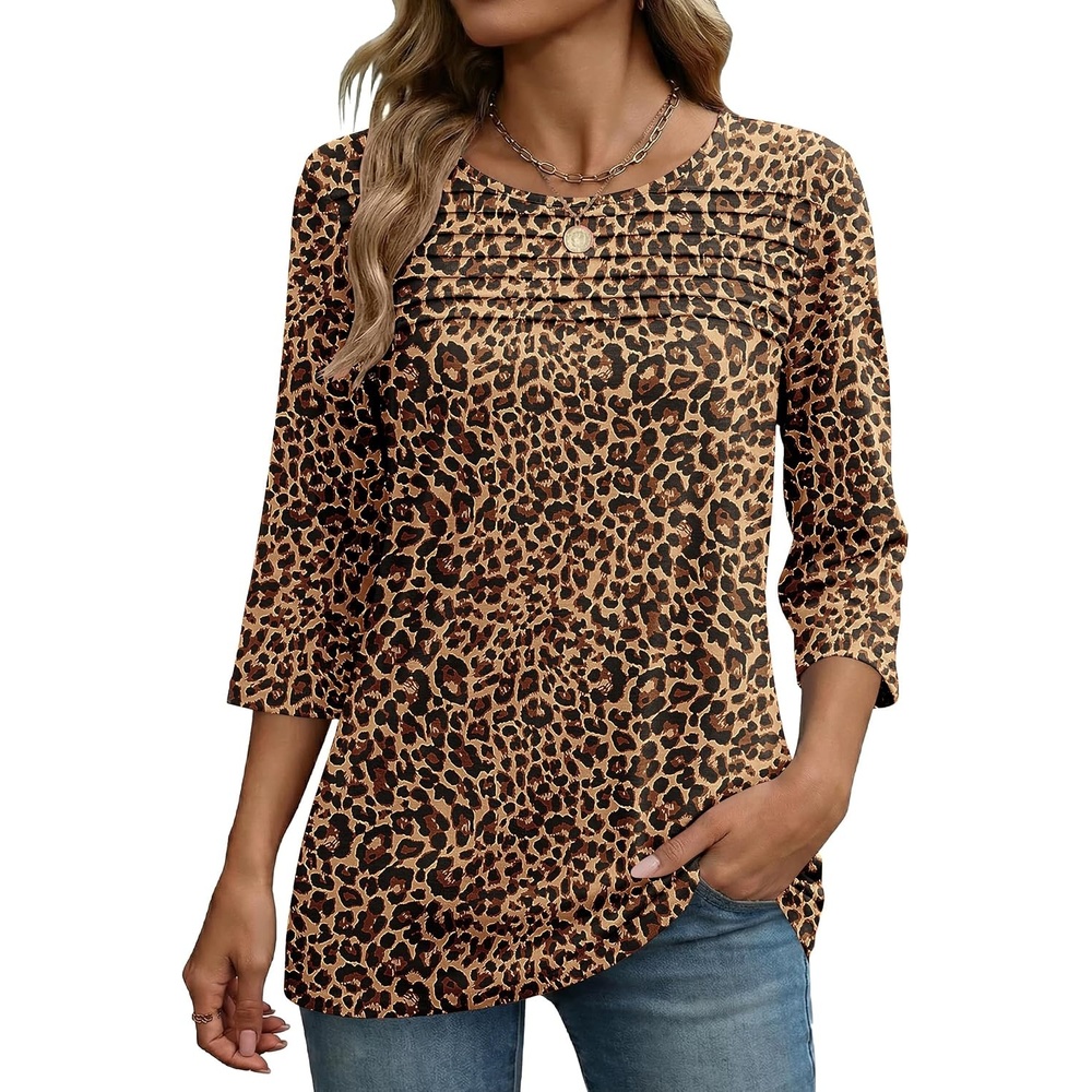 image:imageZeagoo Womens Tops 34 Sleeve Blouses Dressy Casual Shirt Pleated TunicLeopard Brown 136