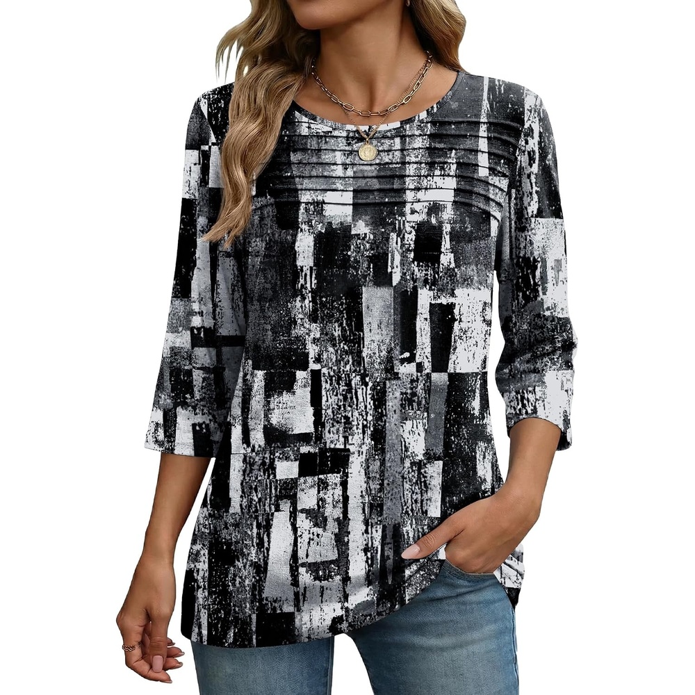 image:imageZeagoo Womens Tops 34 Sleeve Blouses Dressy Casual Shirt Pleated TunicPrinted Black White 332